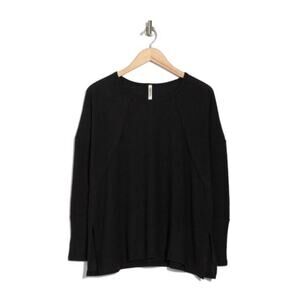 Forgotten Grace Womens Long Sleeve Crewneck Oversized Thermal Tee in Black Small